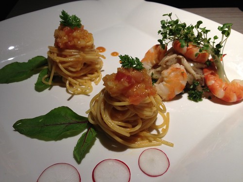 アメリケーヌの冷製パスタ＆すりおろしソースと姫海老の旬風漬け水想