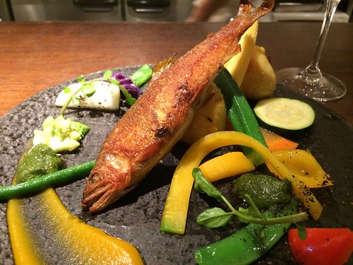 鮎のコンフィ　15種類の野菜ジュノベーゼソースで＠deco