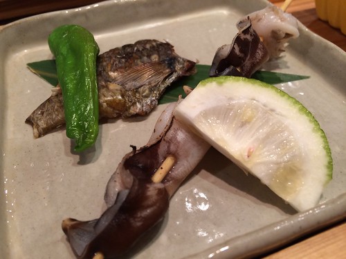 焼きとり串かぼす塩で&あぶってかも 三井の寿の会@田酔